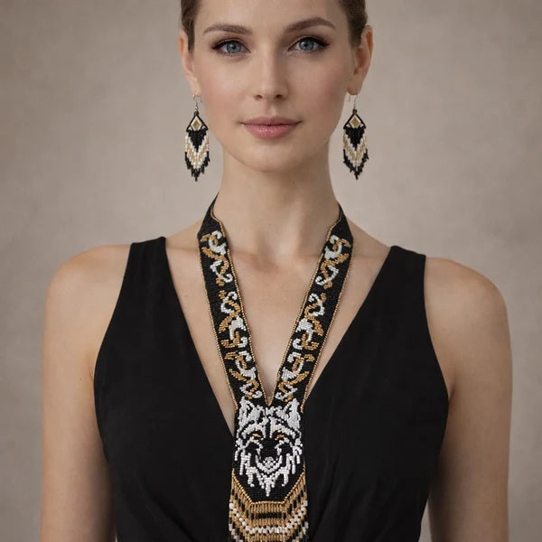 Native Tribal Style Long Statement Beaded Necklace for Women Y Shape - Black White Animal