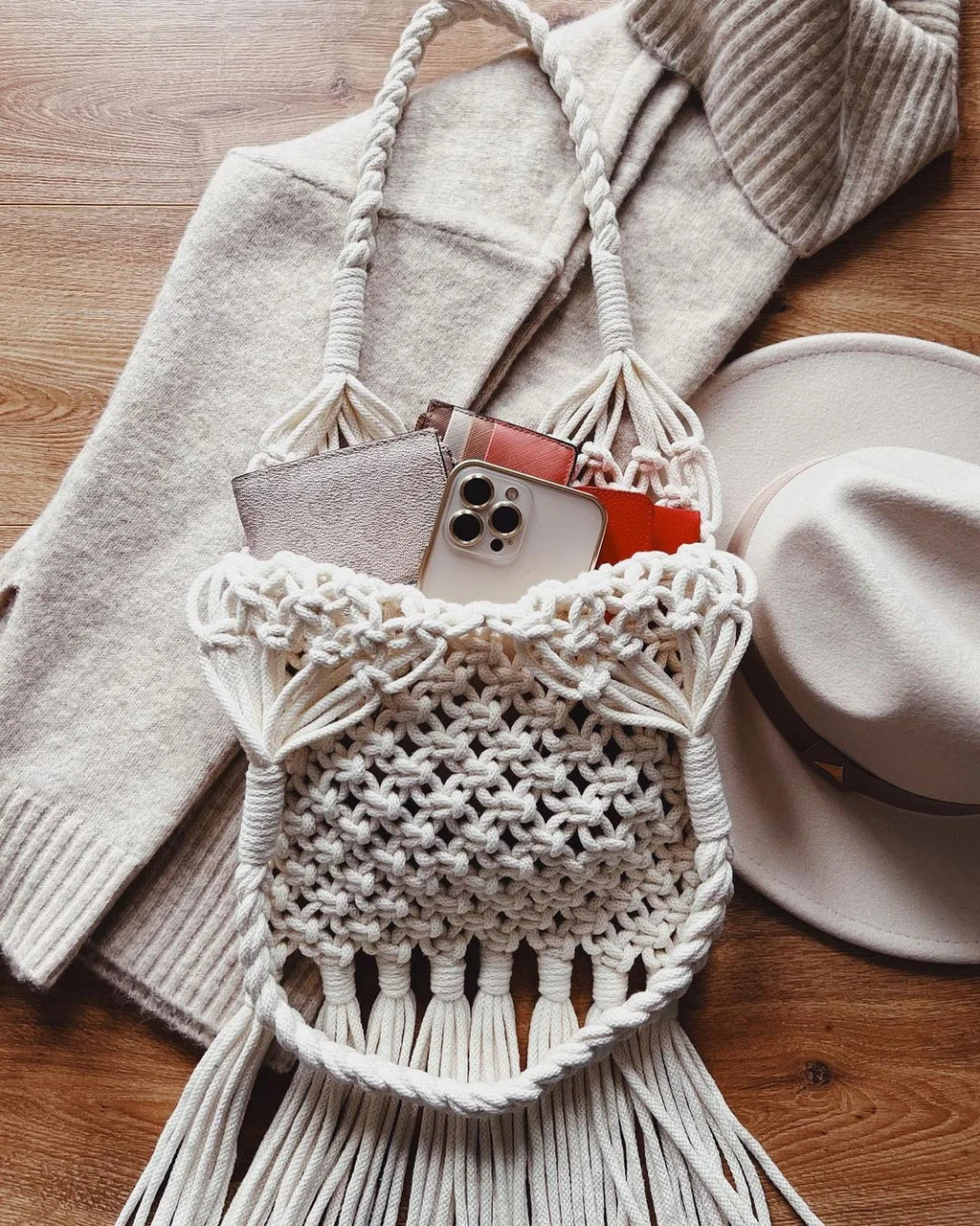 Stylish Handmade Macrame Sling Bags For Women’s macrame hand bag full size Beige