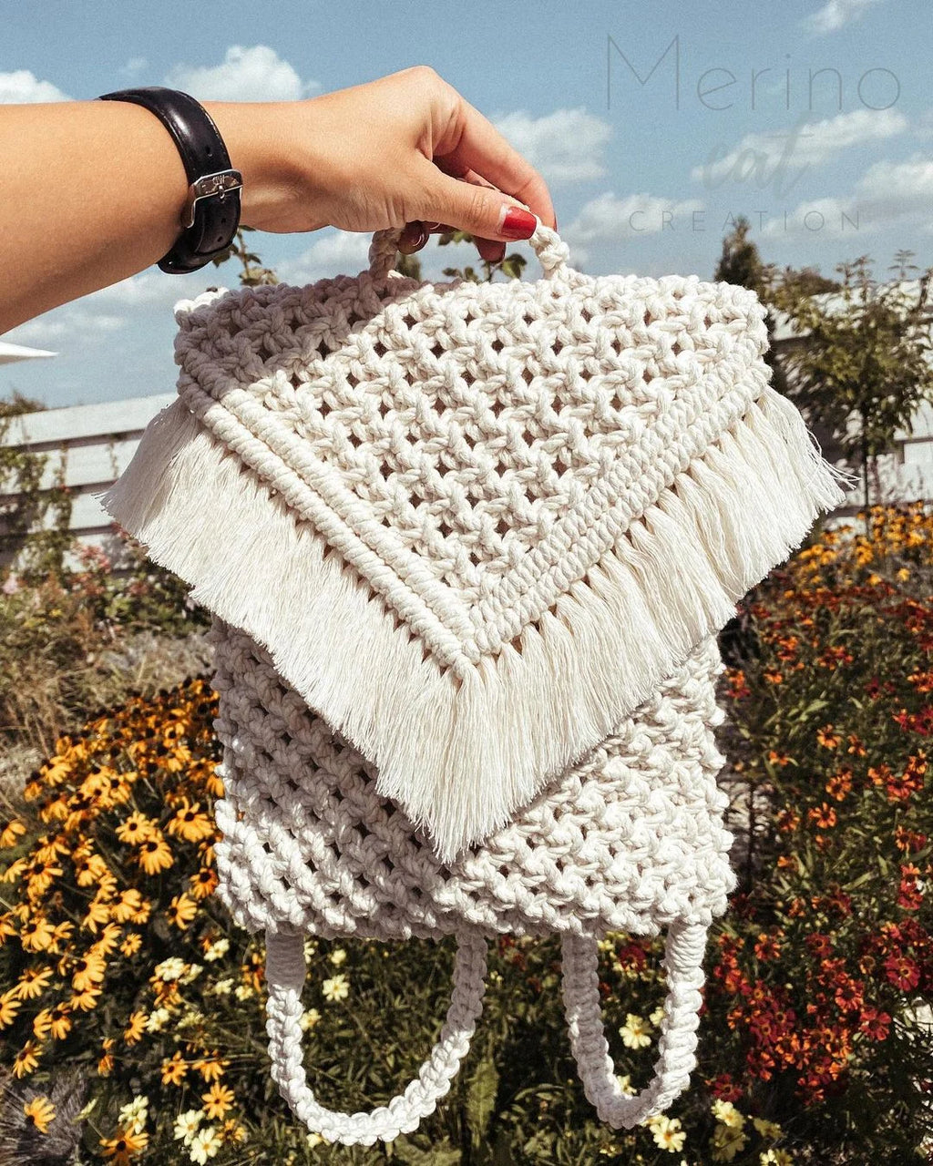 Stylish Handmade Macrame Sling Bags For Women’s macrame hand bag full size Beige