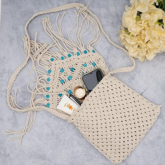 Stylish Handmade Macrame Sling Bags For Women’s macrame hand bag full size Beige