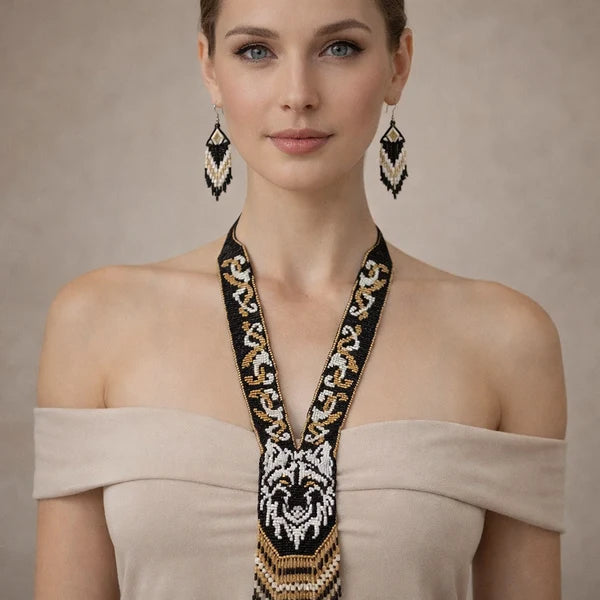 Native Tribal Style Long Statement Beaded Necklace for Women Y Shape - Black White Animal