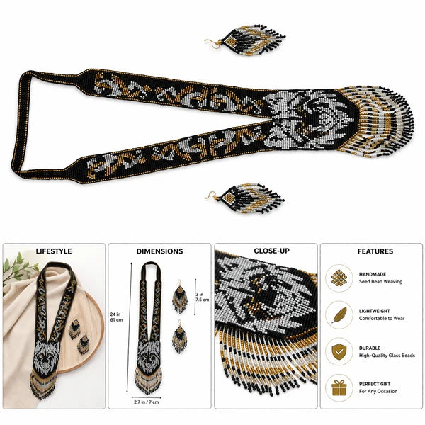 Native Tribal Style Long Statement Beaded Necklace for Women Y Shape - Black White Animal