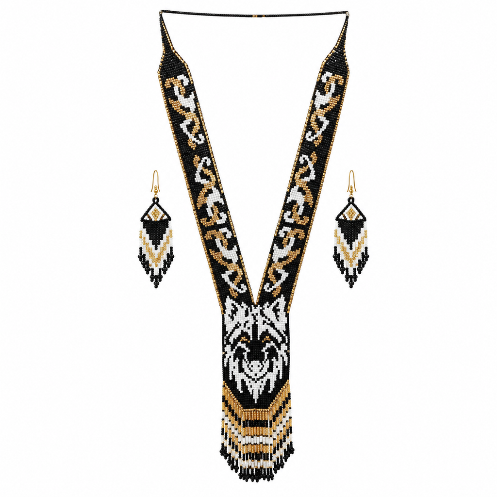 Native Tribal Style Long Statement Beaded Necklace for Women Y Shape - Black White Animal