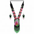 Native Tribal Style Long Statement Beaded Necklace for Women Y Shape - Black Pink Flower