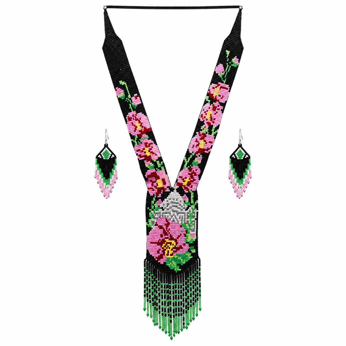 Native Tribal Style Long Statement Beaded Necklace for Women Y Shape - Black Pink Flower
