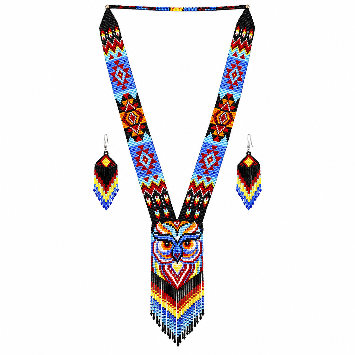 Native Tribal Style Long Statement Beaded Necklace for Women Y Shape - Black Purple Owl