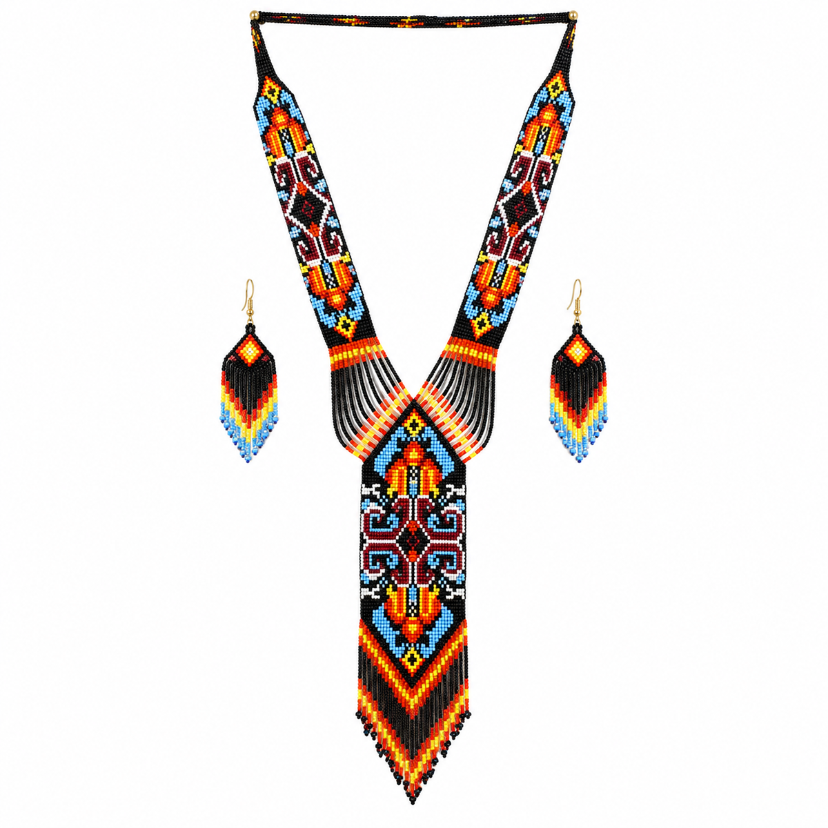 Native Tribal Style Long Statement Beaded Necklace for Women Y Shape - Black Blue Southwest