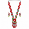 Native Tribal Style Long Statement Beaded Necklace for Women Y Shape - Gray Red Flower