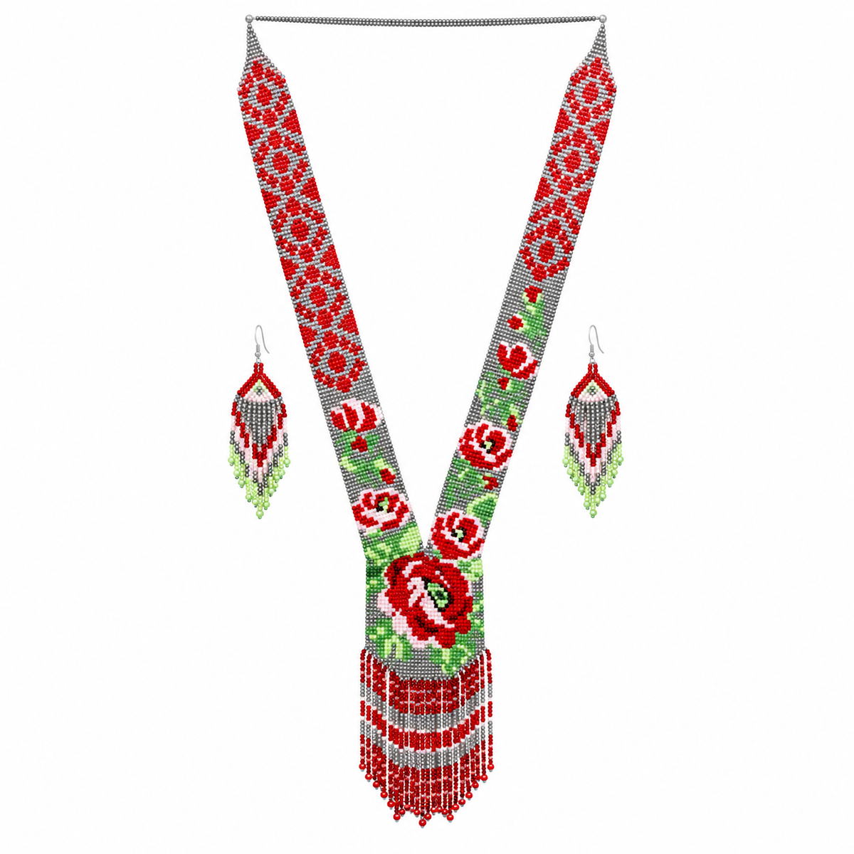Native Tribal Style Long Statement Beaded Necklace for Women Y Shape - Gray Red Flower