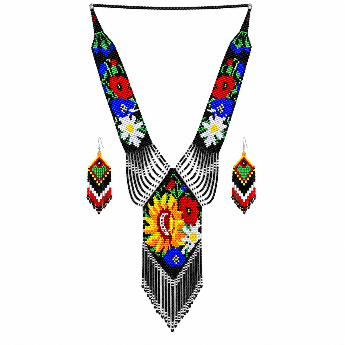 Native Tribal Style Long Statement Beaded Necklace for Women Y Shape - Black Flower
