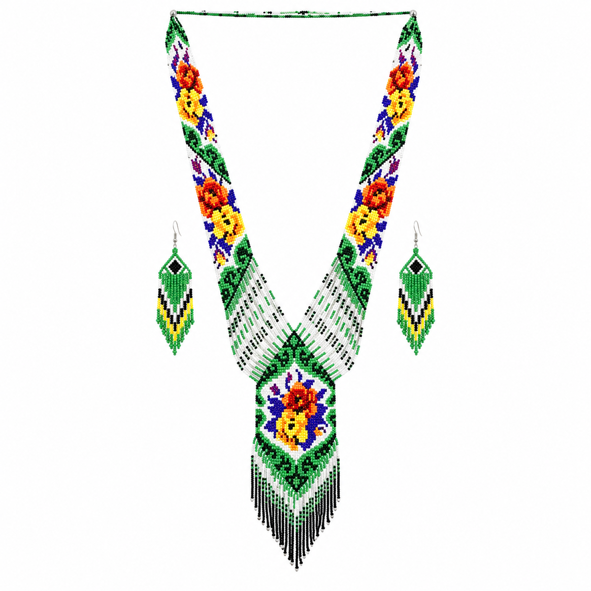 Native Tribal Style Long Statement Beaded Necklace for Women Y Shape - Green Flower