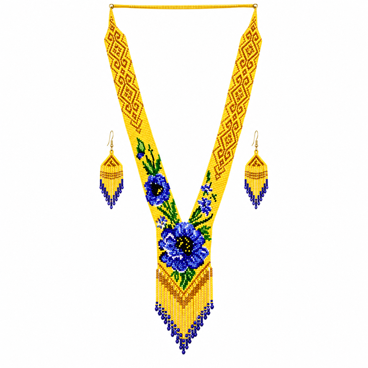 Native Tribal Style Long Statement Beaded Necklace for Women Y Shape - Yellow Flower