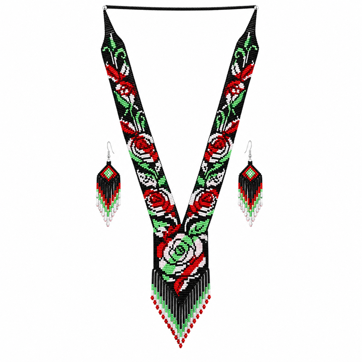 Native Tribal Style Long Statement Beaded Necklace for Women Y Shape - Black Green Flower