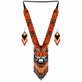 Native Tribal Style Long Statement Beaded Necklace for Women Y Shape - Orange Black Lion