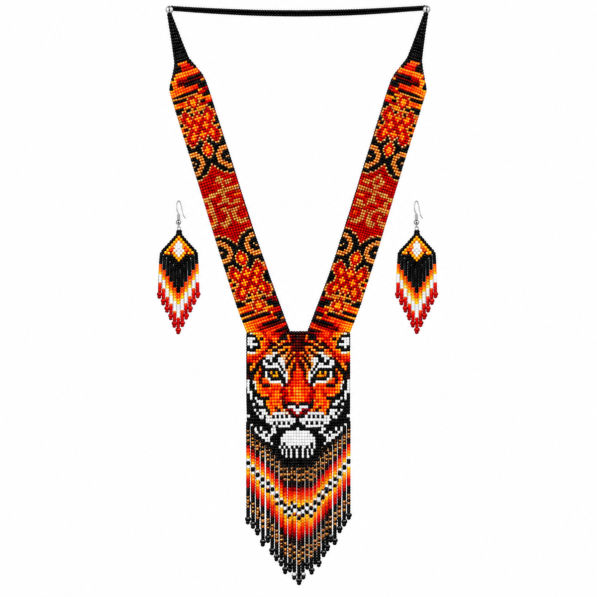 Native Tribal Style Long Statement Beaded Necklace for Women Y Shape - Orange Black Lion
