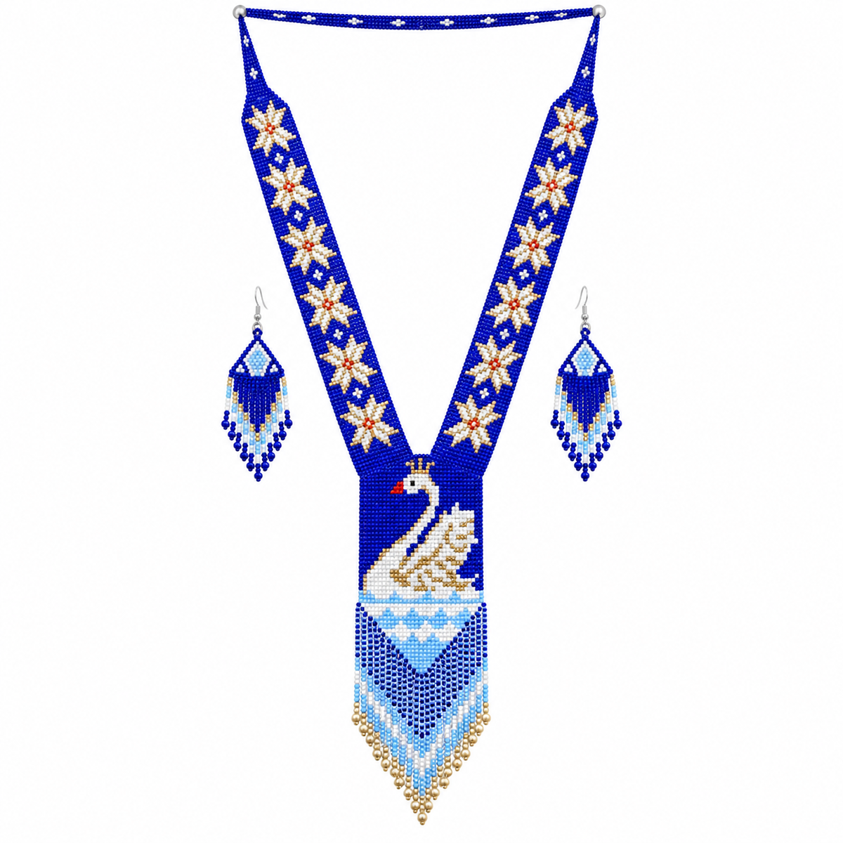 Native Tribal Style Long Statement Beaded Necklace for Women Y Shape - Blue White Swan