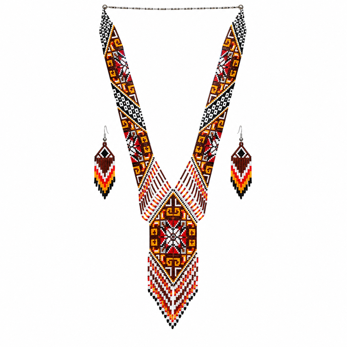 Native Tribal Style Long Statement Beaded Necklace for Women Y Shape - Orange Brown Southwest