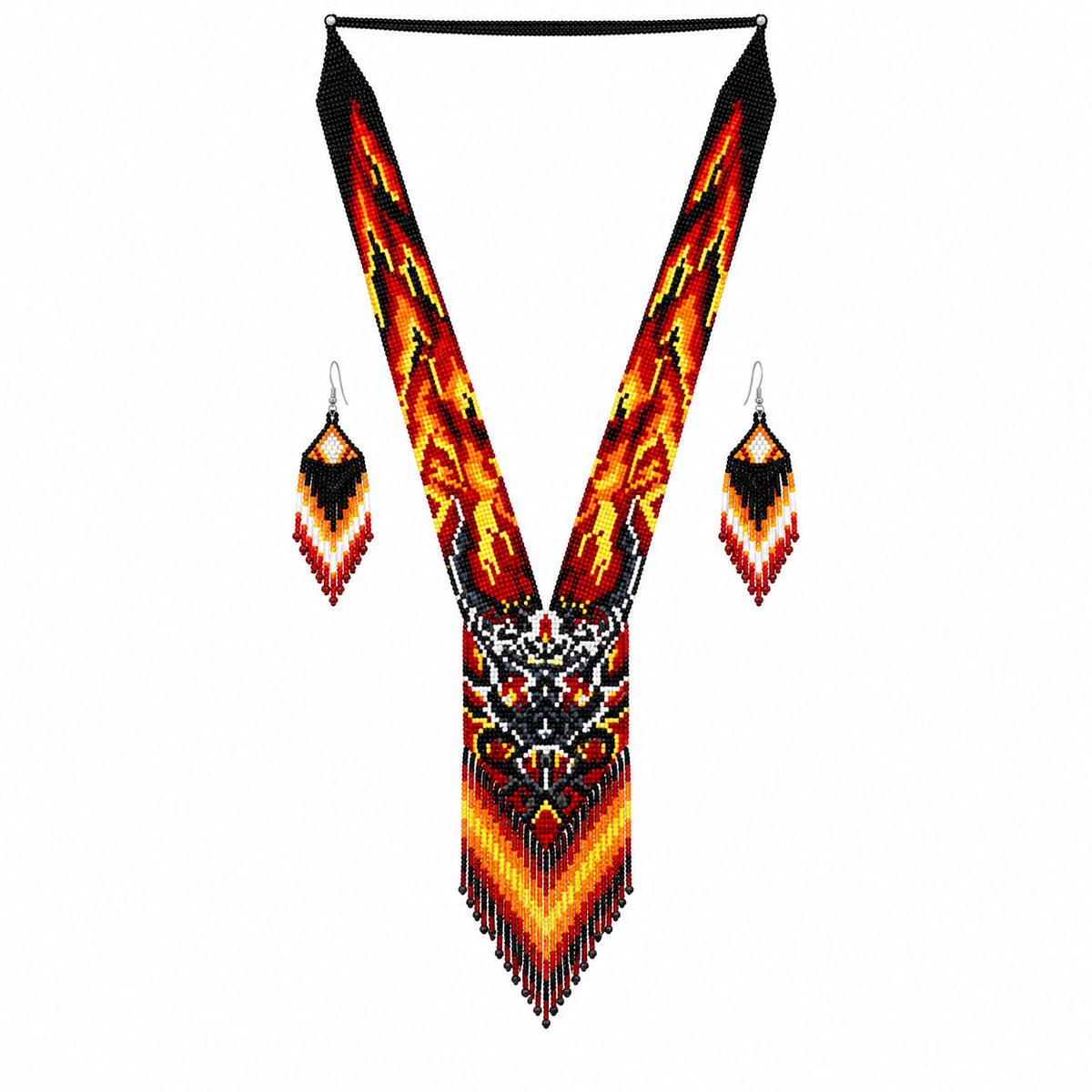 Native Tribal Style Long Statement Beaded Necklace for Women Y Shape - Black Fire Animal