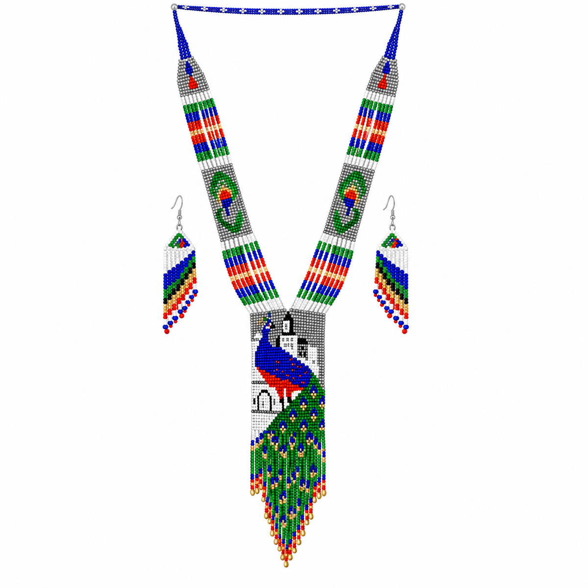 Native Tribal Style Long Statement Beaded Necklace for Women Y Shape - Green Blue Peacock
