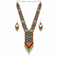 Native Tribal Style Long Statement Beaded Necklace for Women Y Shape - Green Orange Southwest