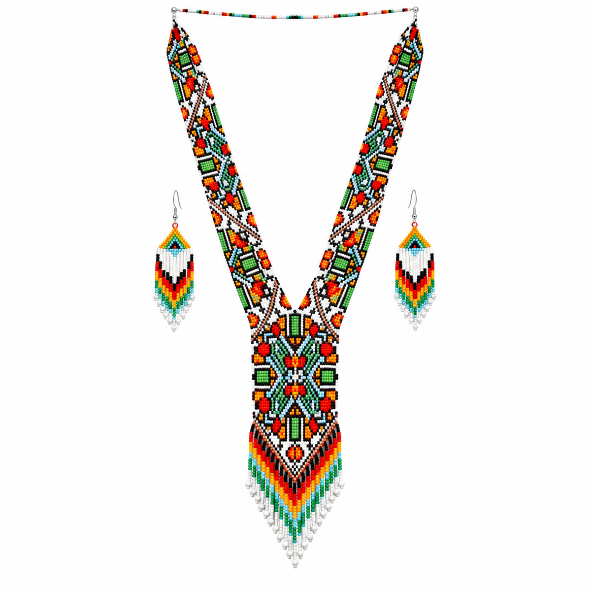 Native Tribal Style Long Statement Beaded Necklace for Women Y Shape - Green Orange Southwest