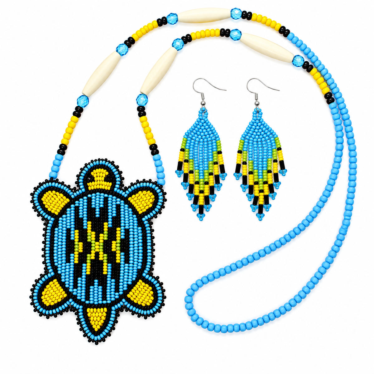 Black &amp; Blue Turtle Beaded Necklace and Earring Set