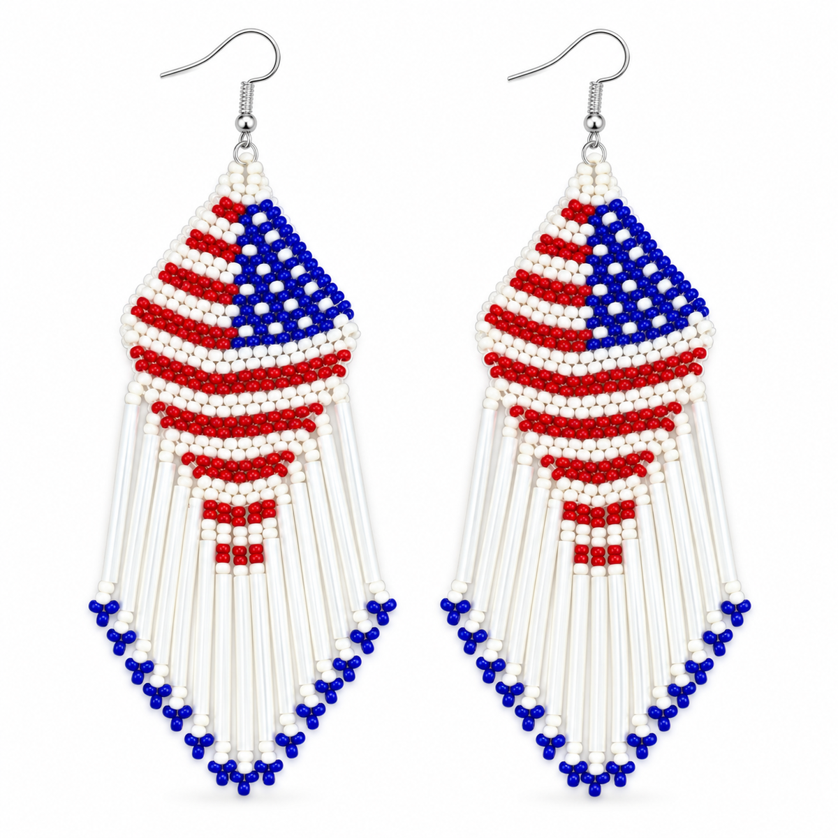 Handcrafted American Patriotic Red Blue White Seed Bead Earrings