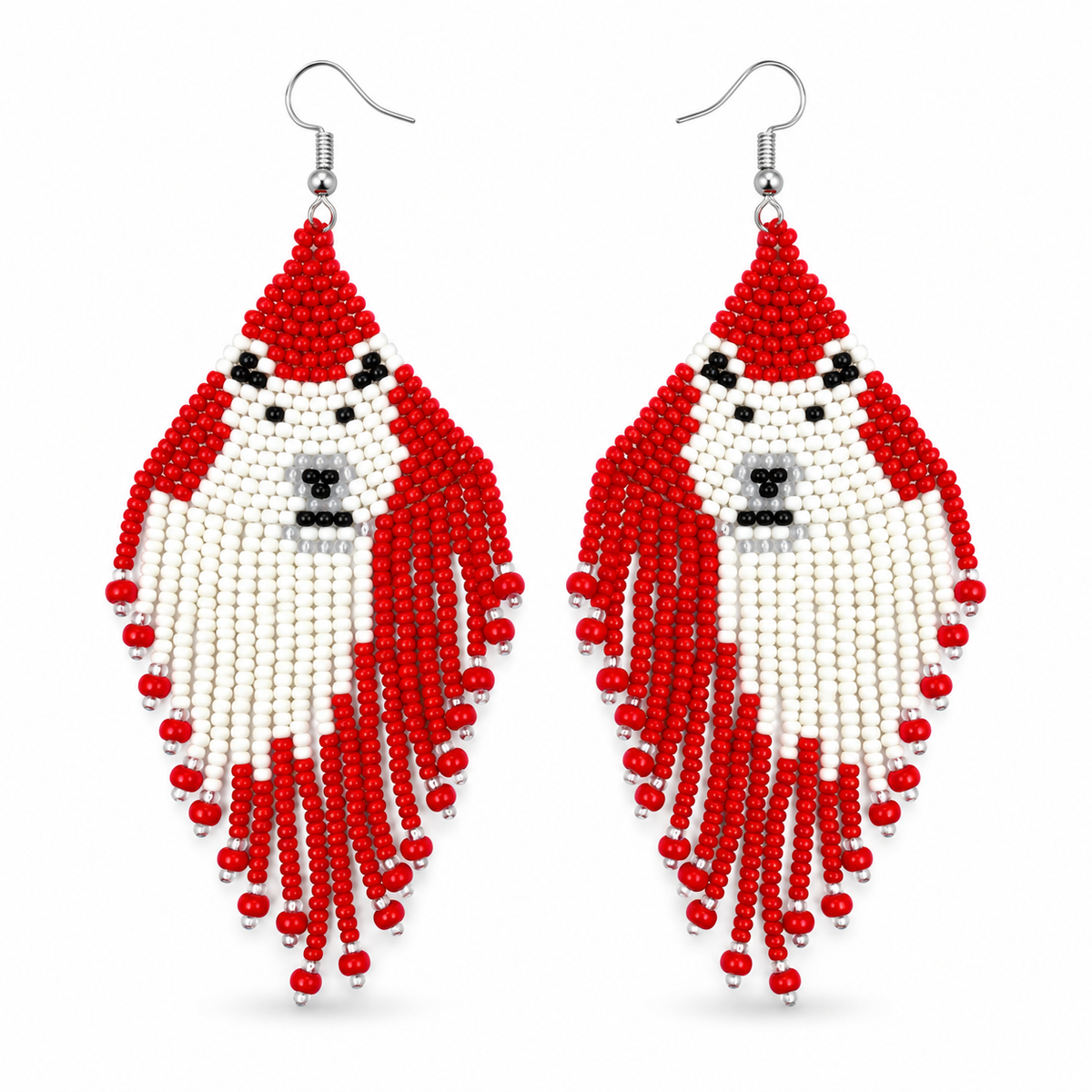 Handmade Red White Seed Beads Polar Bear Beaded Earrings
