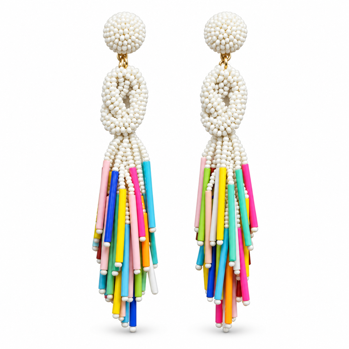 Handmade Beaded Solid Color Post Statement Earrings Women (White Pearl Multi)
