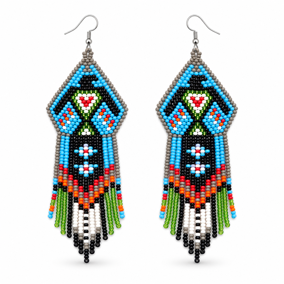 Handmade Blue Black Beaded Thunderbird Earrings