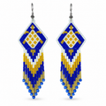 Handmade Blue Golden White Turtle Beaded Fringe Earrings with Steel Finish