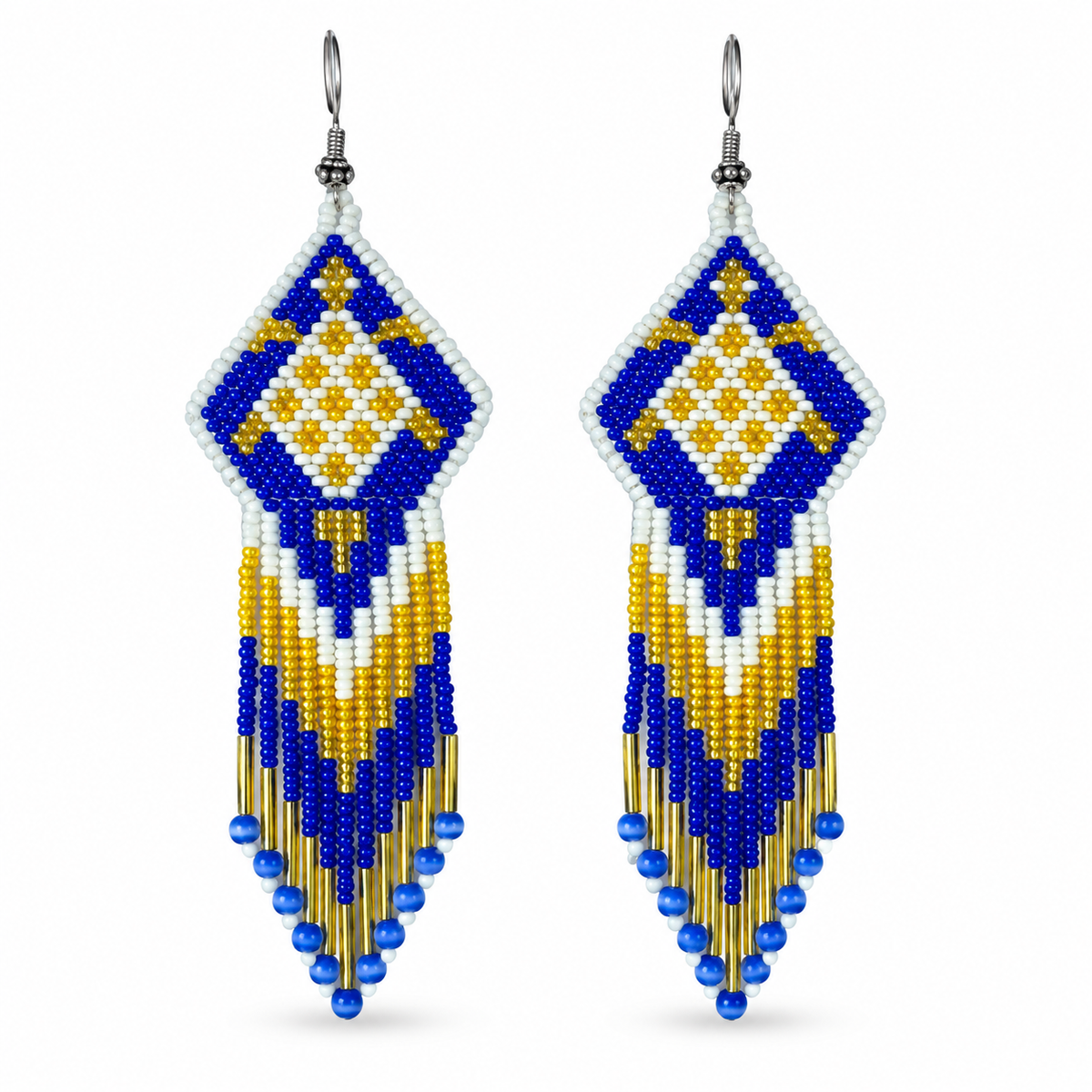 Handmade Blue Golden White Turtle Beaded Fringe Earrings with Steel Finish