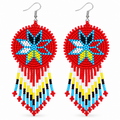 Handmade Beaded Red 4 Directions Color Round Fringe Hook Earrings