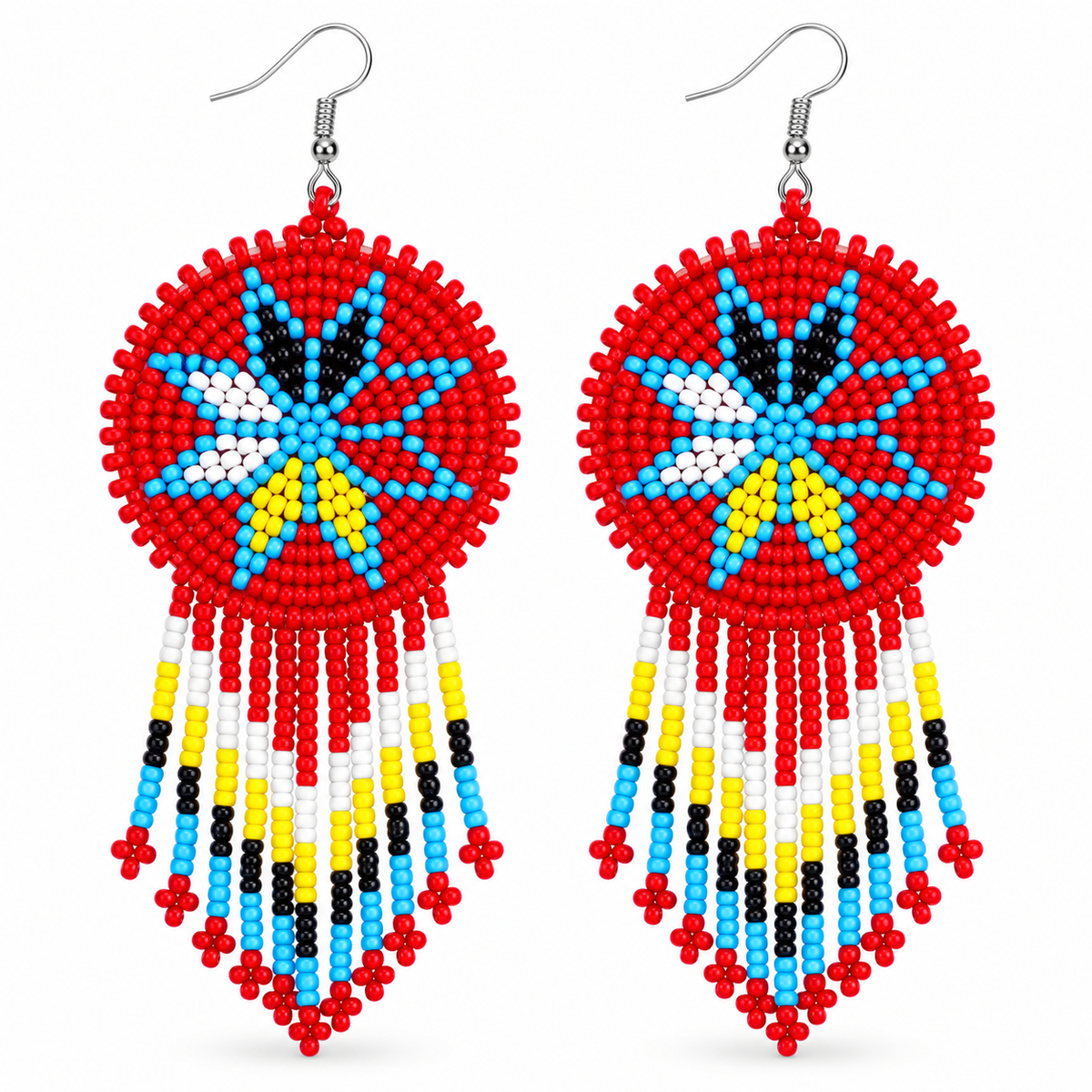 Handmade Beaded Red 4 Directions Color Round Fringe Hook Earrings