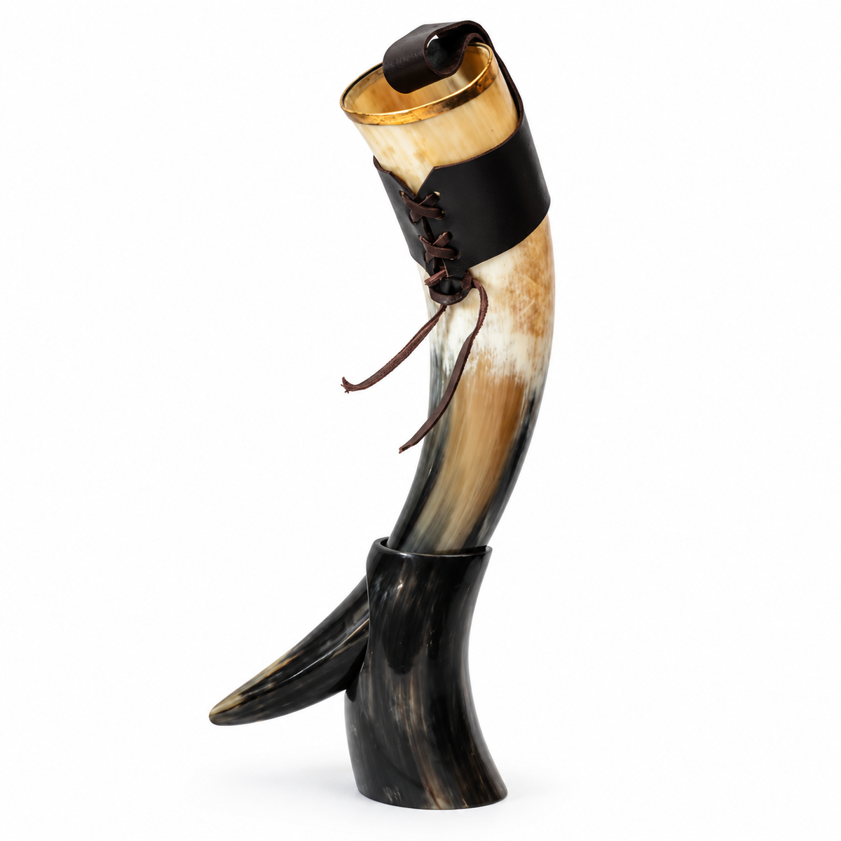 Leather-Wrapped Buffalo Horn Viking Drinking Horn