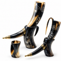 Engraved Buffalo Horn Viking Drinking Horn with Stand