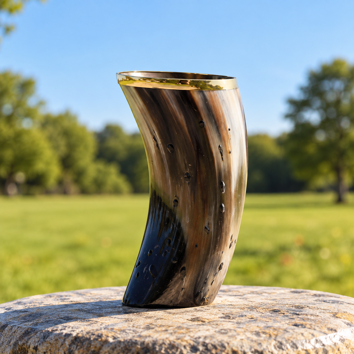 Handcrafted Buffalo Horn Drinking Cup with Brass Rim