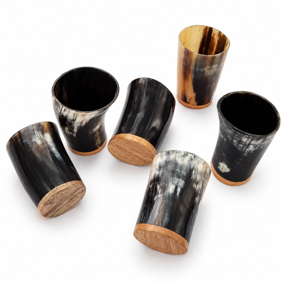 Handcrafted Buffalo Horn Tumblers with Wooden Base