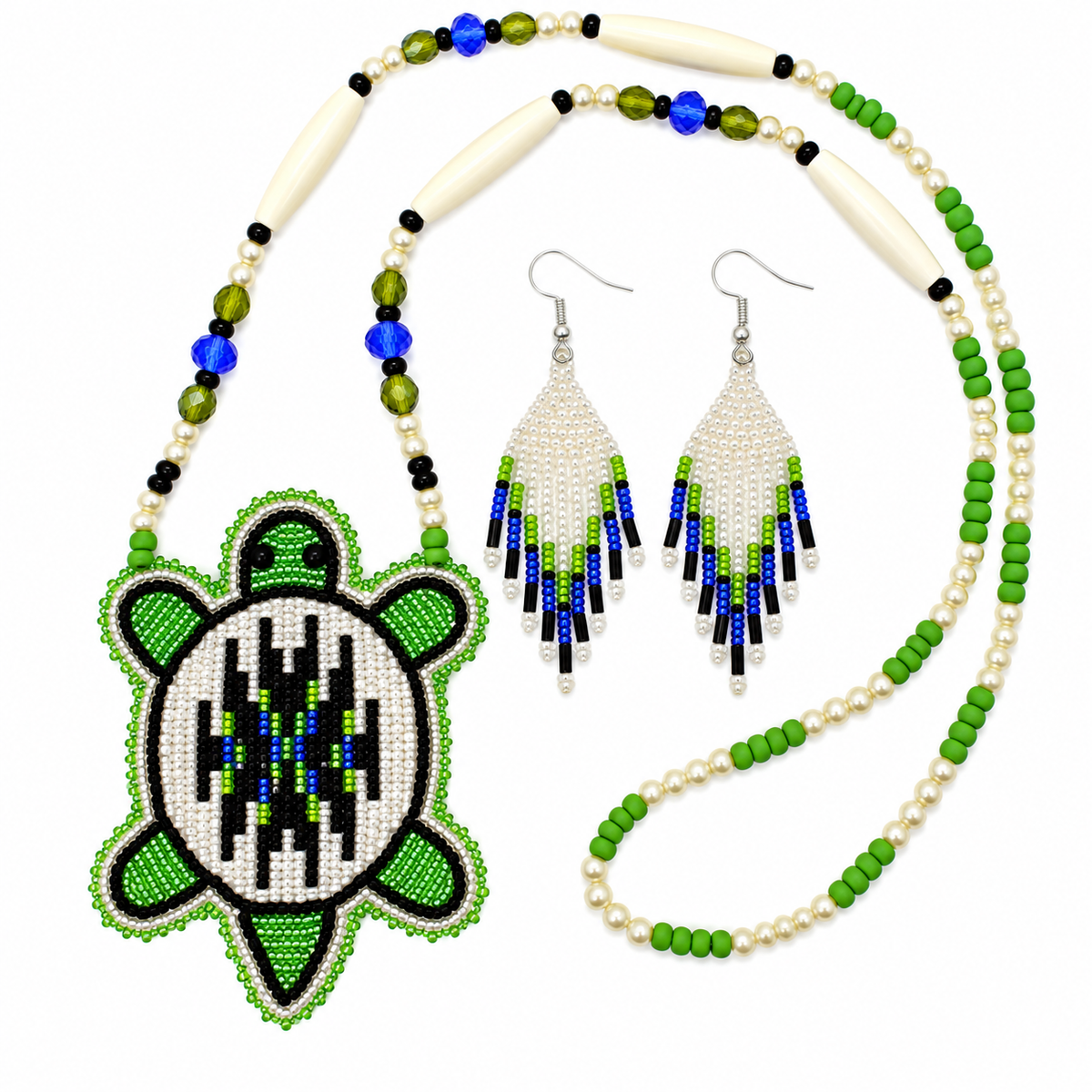 Black &amp; Blue Turtle Beaded Necklace and Earring Set