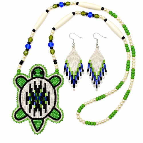 Black &amp; Blue Turtle Beaded Necklace and Earring Set