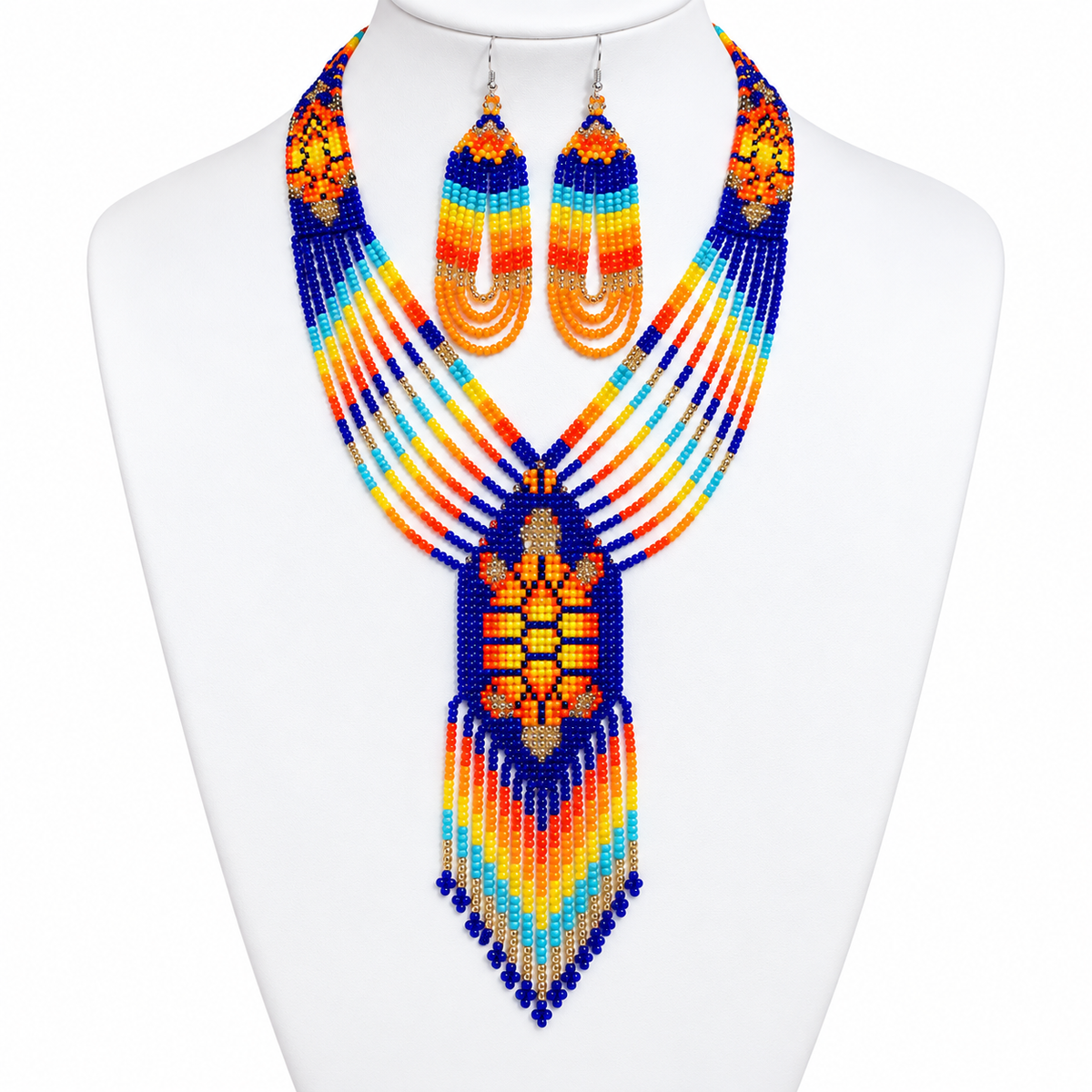 Vibrant Orange Turtle Beaded Lariat Necklace and Earrings Set