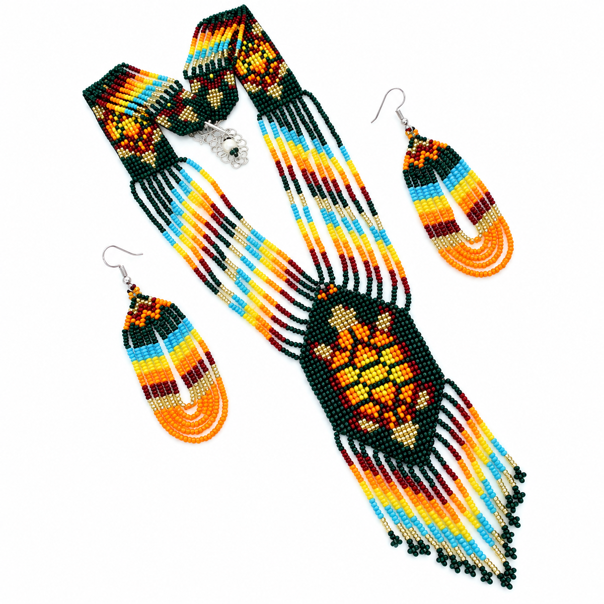 Vibrant Orange Turtle Beaded Lariat Necklace and Earrings Set