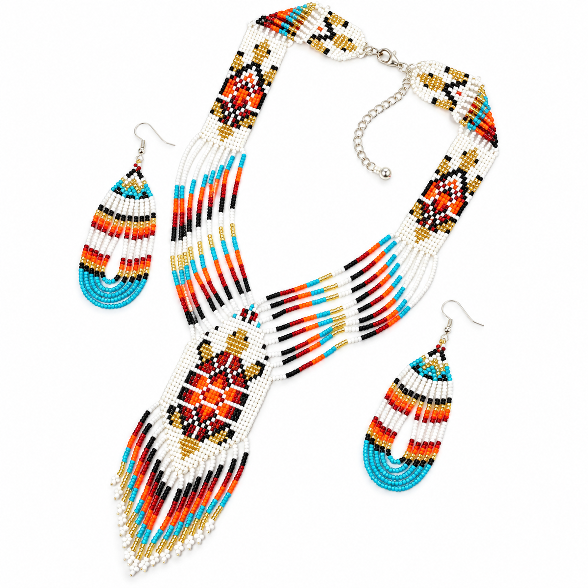 Vibrant Orange Turtle Beaded Lariat Necklace and Earrings Set
