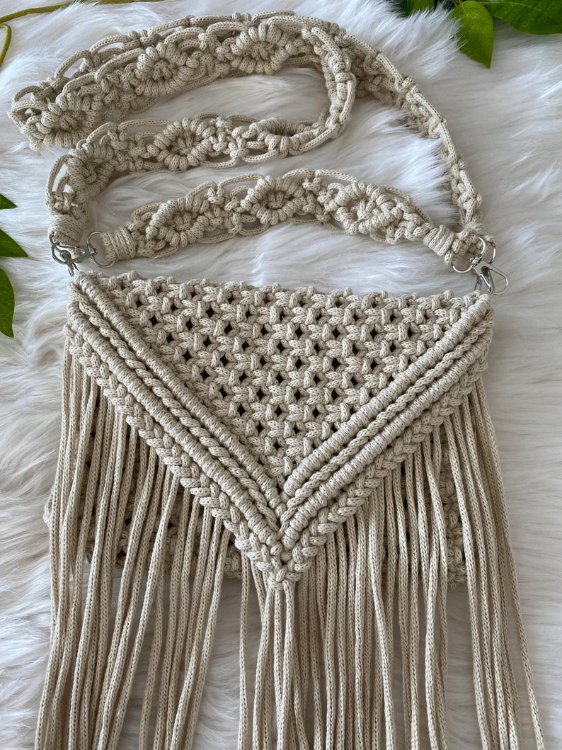 Stylish Handmade Macrame Sling Bags For Women’s macrame hand bag full size Beige