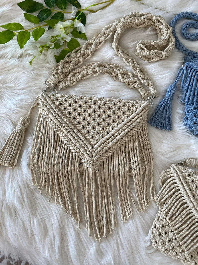 Stylish Handmade Macrame Sling Bags For Women’s macrame hand bag full size Beige