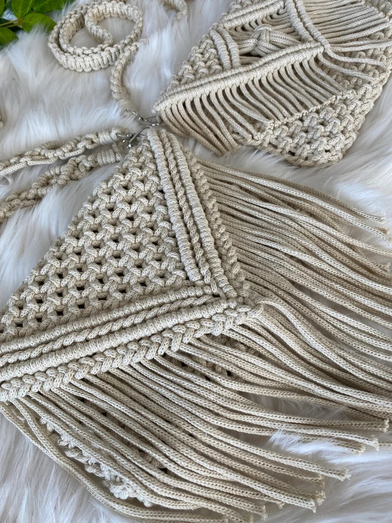 Stylish Handmade Macrame Sling Bags For Women’s macrame hand bag full size Beige
