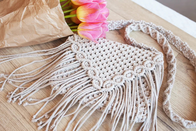 Stylish Handmade Macrame Sling Bags For Women’s macrame hand bag full size Beige