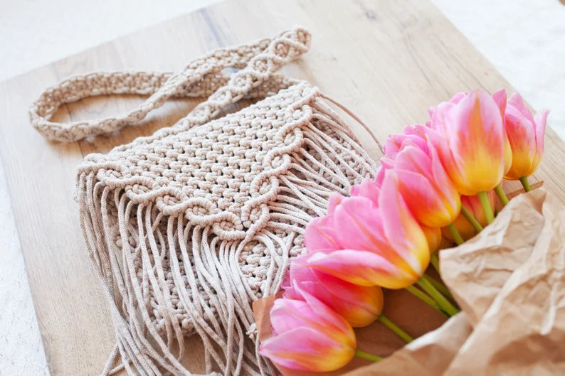 Stylish Handmade Macrame Sling Bags For Women’s macrame hand bag full size Beige