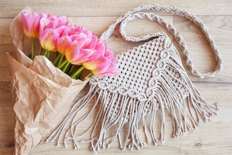 Stylish Handmade Macrame Sling Bags For Women’s macrame hand bag full size Beige